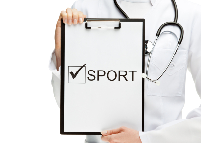 Doctor advising doing sport; closeup of doctor's hands holding clipboard with "Sport" inscription isolated on white